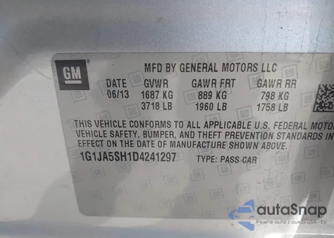 2013 Chevrolet Sonic Ls z USA, uszkodzony, nr VIN 1G1JA5SH1D4241297